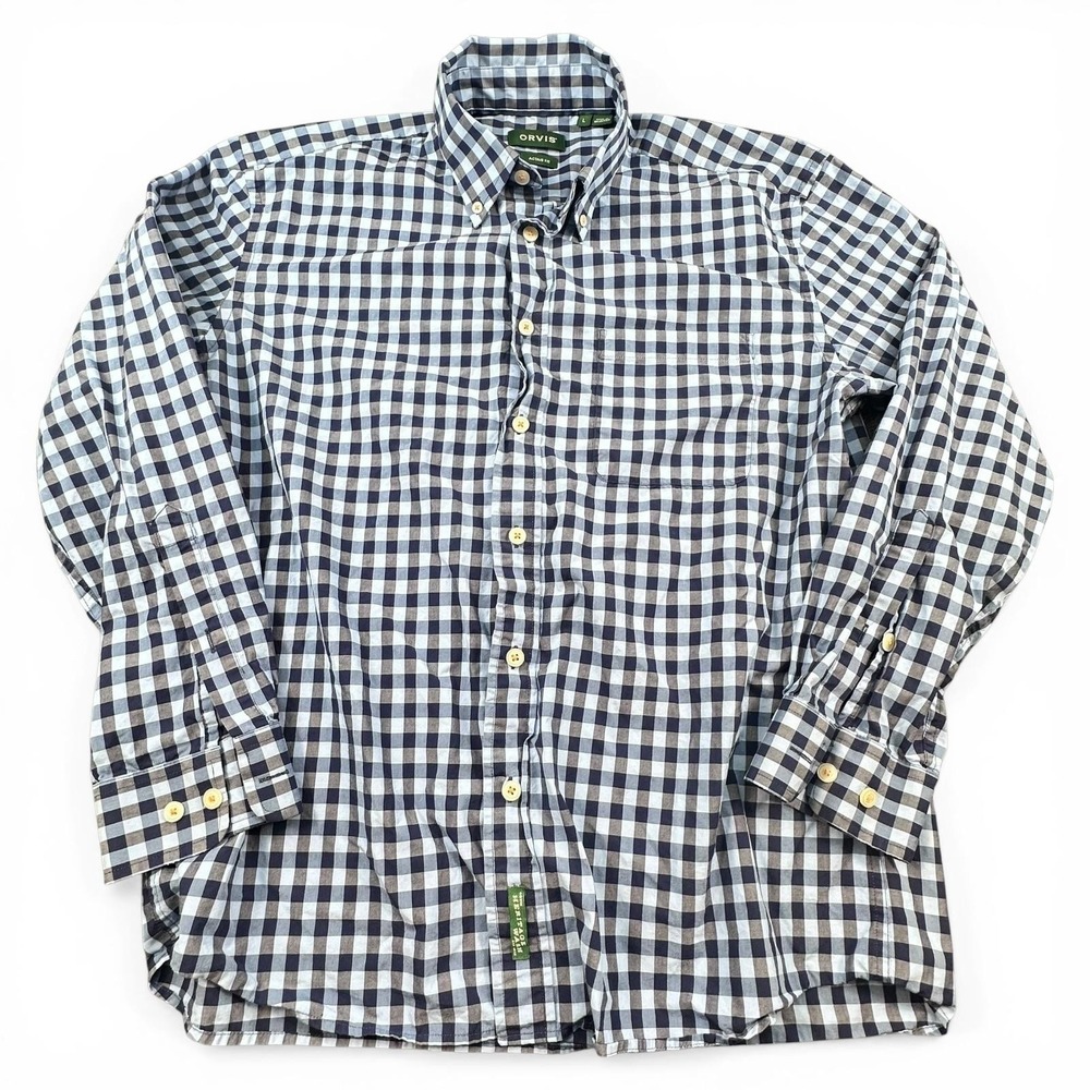 Orvis Shirt Mens XL Blue Check Plaid Button Down Long Sleeve Pocket Classic
